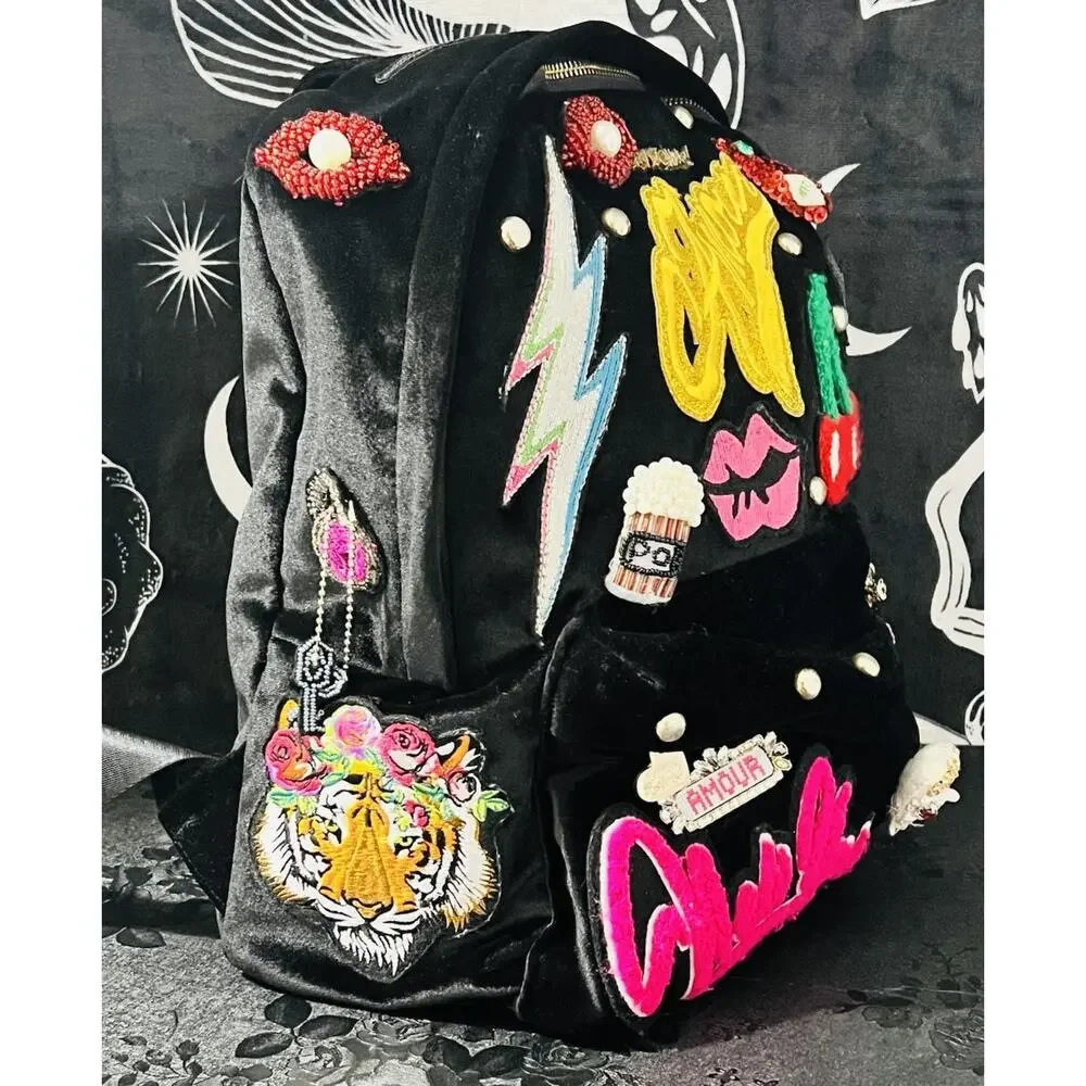 Betsey Johnson Embellished Punk Graffiti Backpack Black Rose Cherry Lips Studded